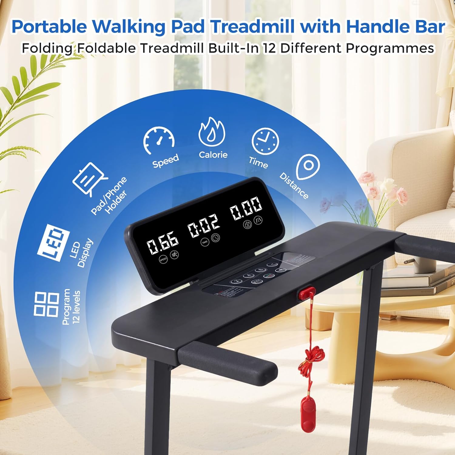 Walking Pad Treadmill with Handle Bar, Compact Portable Treadmills for Home Smal...