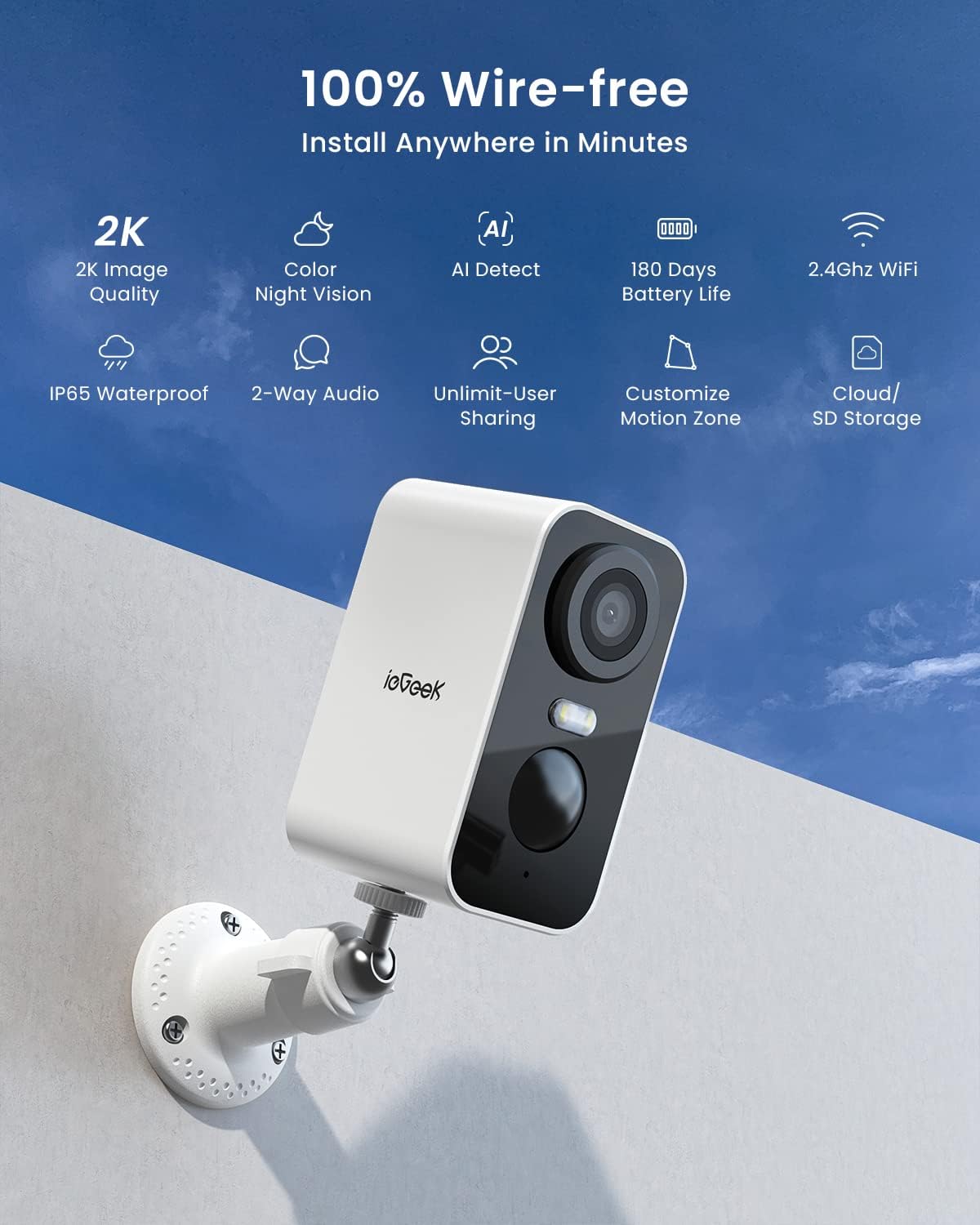 ieGeek No Monthly Fee 2K Wireless Security Camera Outdoor Colorful Night Vision,...