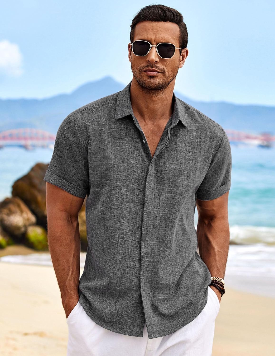 COOFANDY Men's Linen Shirts Short Sleeve Casual Shirts Button Down Shirt for Men...