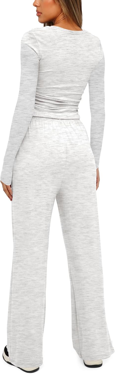 Darong Women's 2 Piece Outfits Lounge Sets 2026 Long Sleeve Tops Wide Leg Pants...