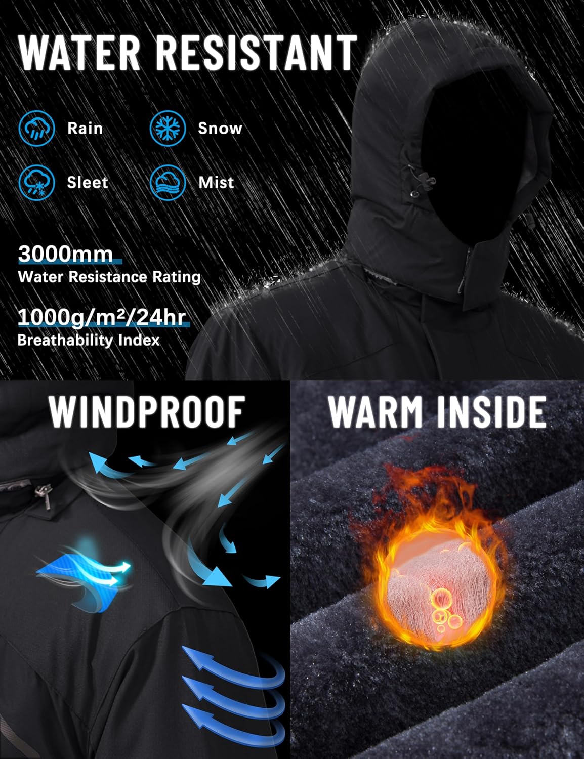 TACVASEN Men's Winter Skiing Jackets Water Resistant Fleece Coats Insulated Ther...