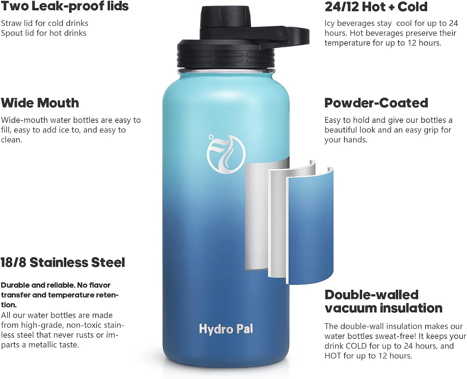 HydroPal Stainless Steel Water Bottle, Exclusive Vacuum Insulated Water Bottle w...