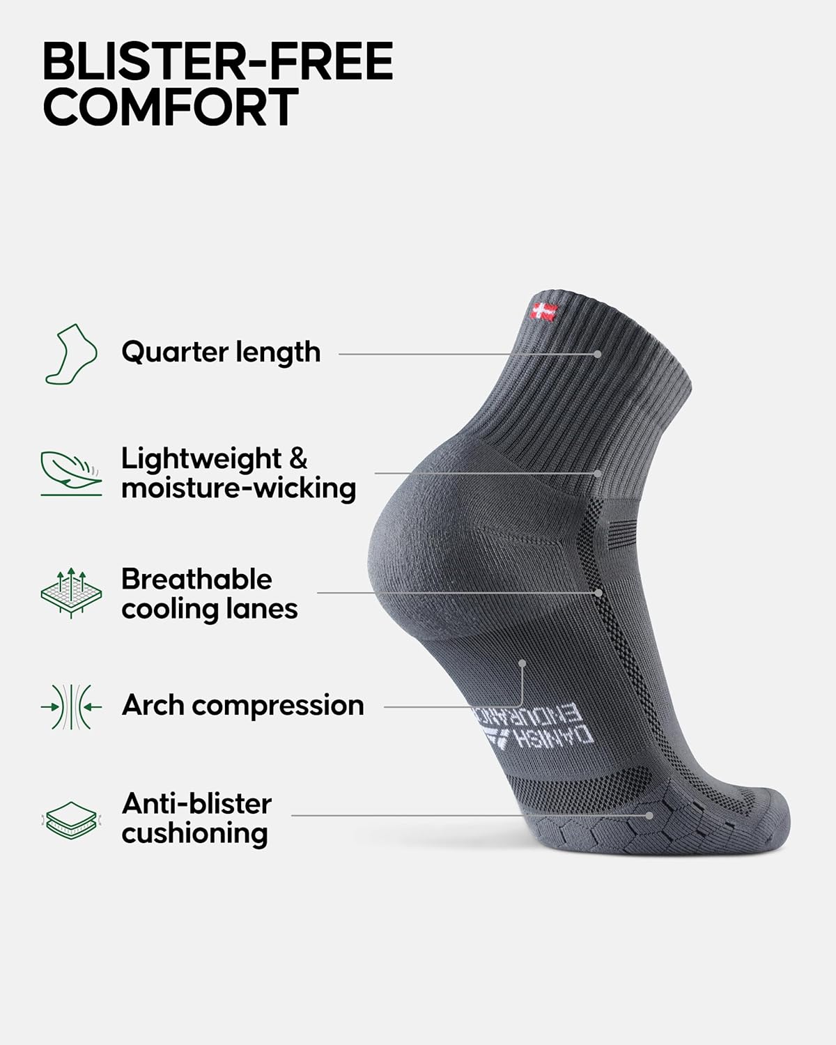 DANISH ENDURANCE Performance Running Socks for Long Distances, Cushioned Quarter...