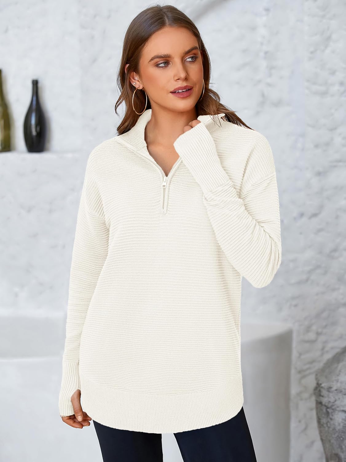 PRETTYGARDEN Womens Long Sleeve Quarter Zip Pullover Sweater Casual Loose V Neck...