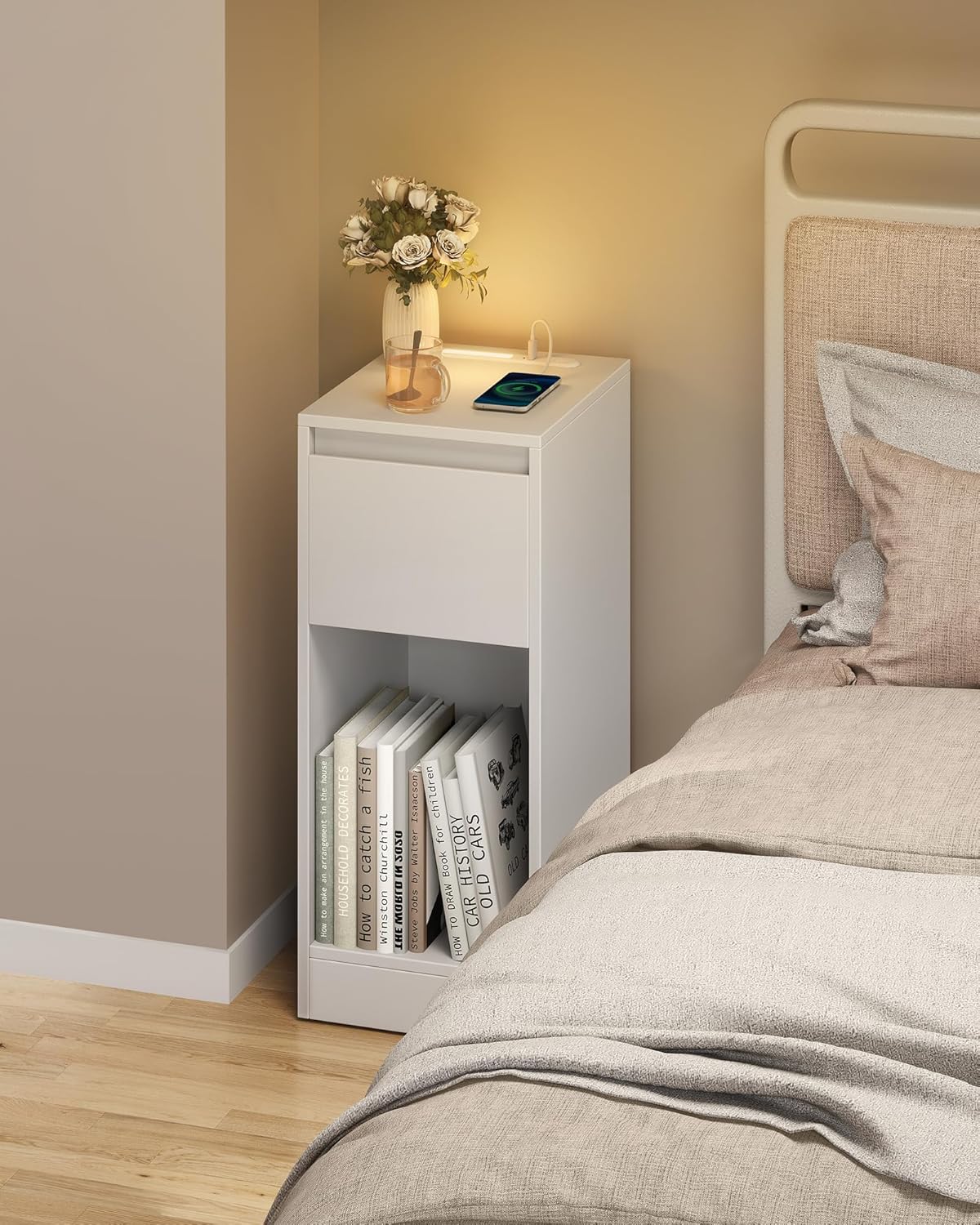 VASAGLE Slim Bedside Table, Special Side End Table with Charging Station and LED...