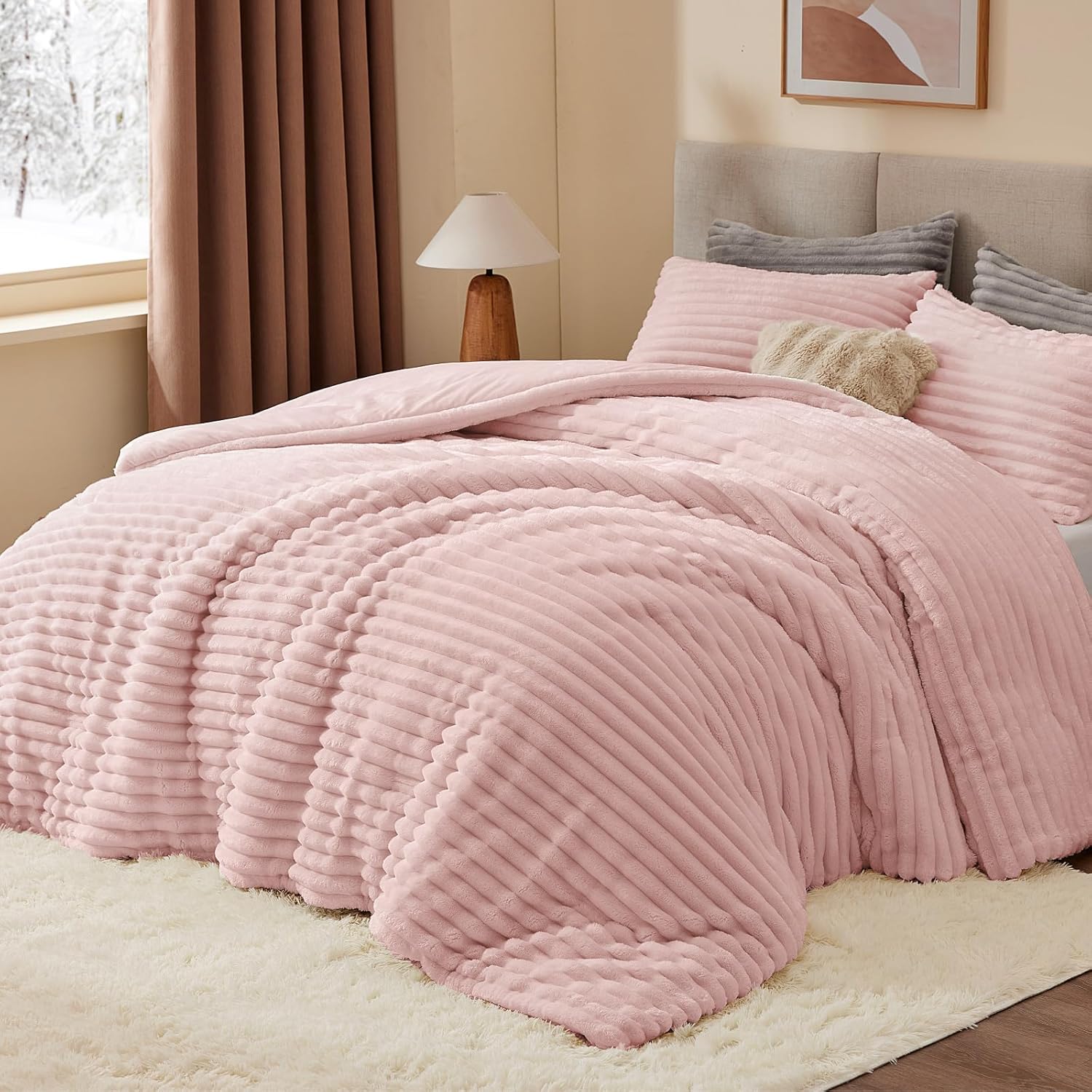 BEDELITE Fleece Queen Comforter Set -Super Soft & Warm Fluffy Pink Bedding, Luxu...