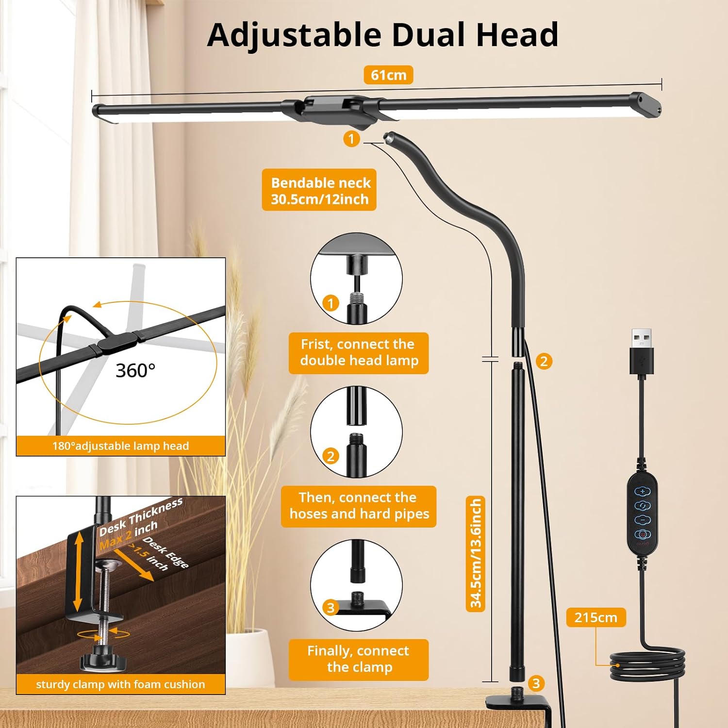 Woputne Desk lamp with Clamp, Super Wide & Bright, 5 Color Modes X 10 Brightness...