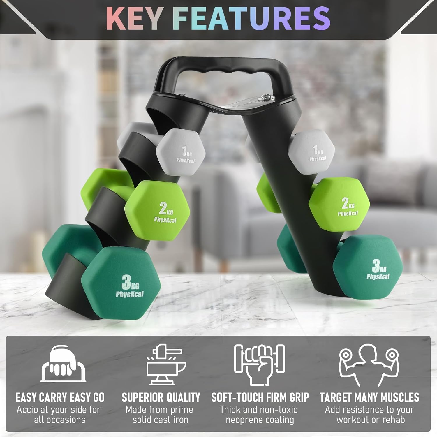 PhysKcal Dumbbells Set with Storage Rack, Hand Weights Set for Home, Gym & Studi...