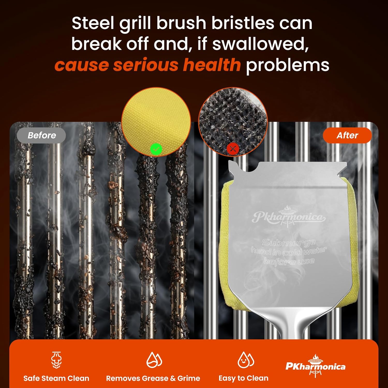 Grill Brush Bristle Free w/Replaceable Yellow Head, Enamel Safe, 17" Long Handle...