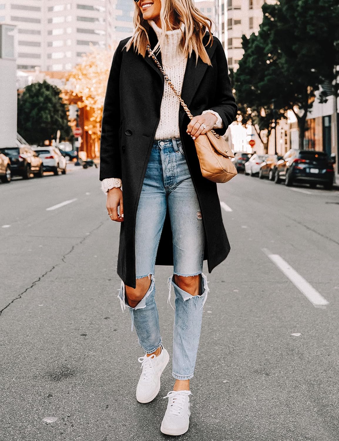 Hooever Women's Winter Wool Coat Casual Notch Lapel Single-Breasted Peacoat Smal...