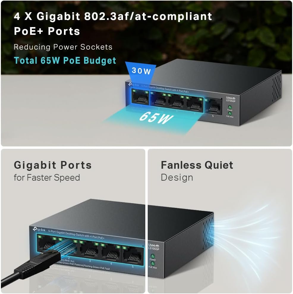 TP-Link LS105GP 5 Port Gigabit PoE Switch, 4x Gigabit PoE+ Ports, 802.3af/at 30W...