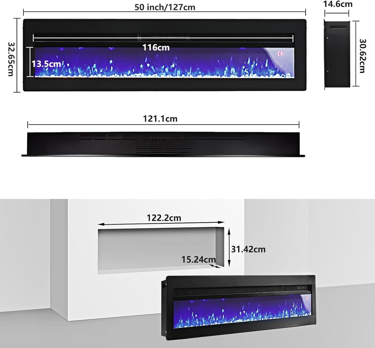 INMOZATA 127cm Electric Fire Recessed Wall Mounted Freestanding Electric Firepla...