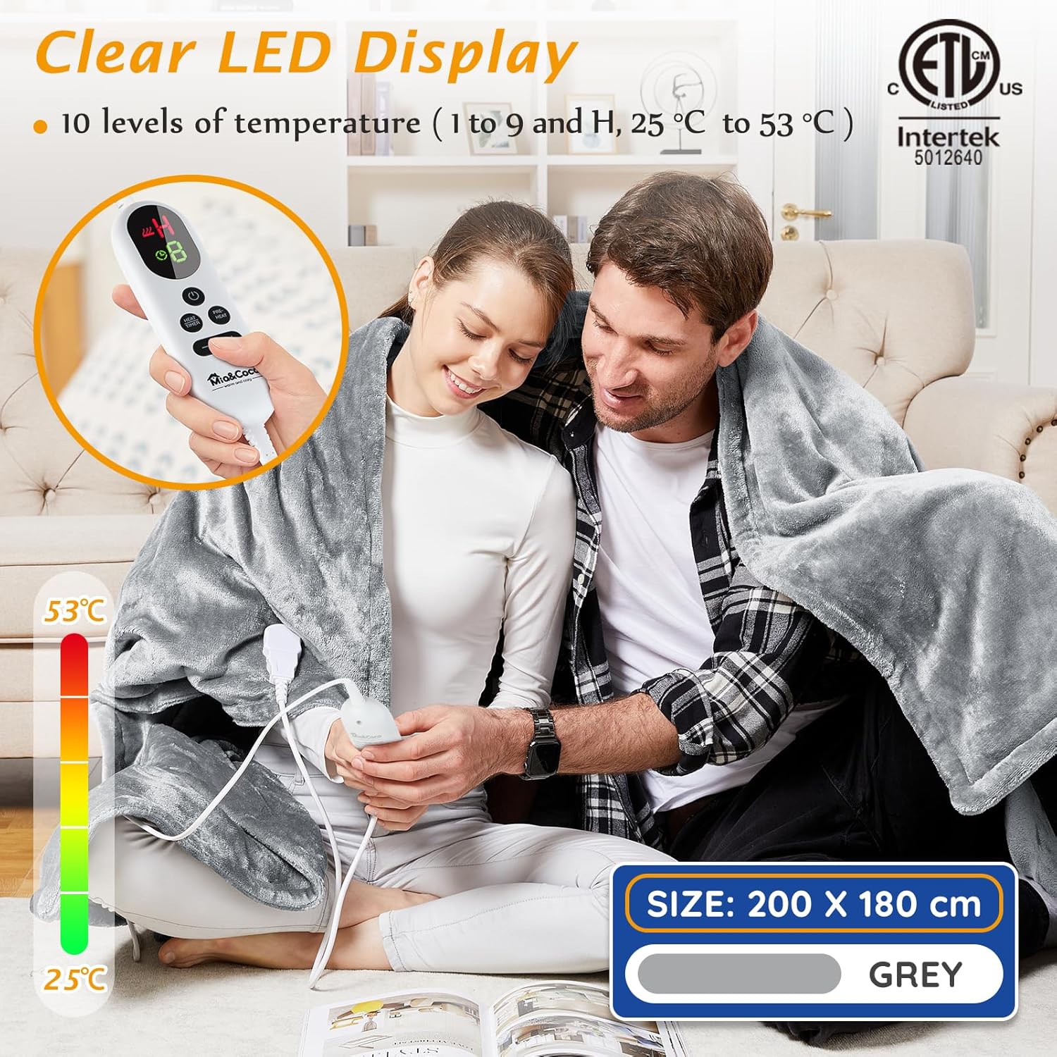 Mia&Coco Electric Heated Blanket Throw Flannel Sherpa Fast Heating 200x180cm, 10...