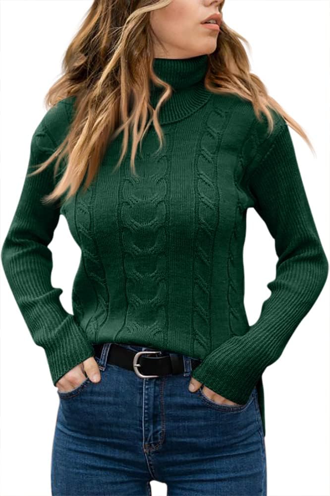Langwyqu Womens' Turtleneck Long Sleeve Cable Knit Sweaters X-Large Dark Green