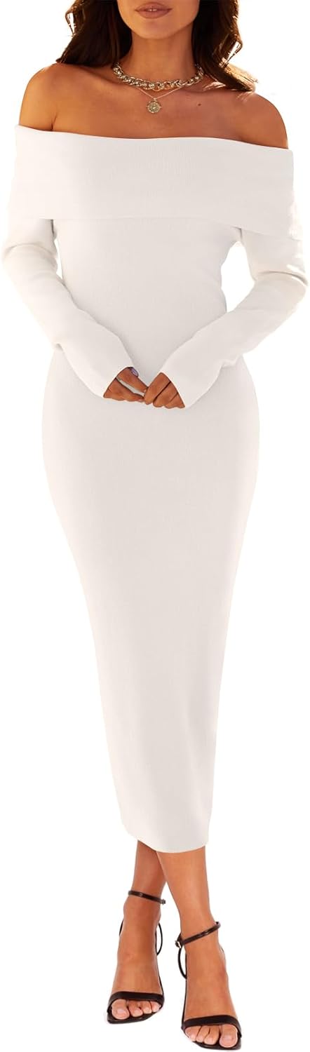 MEROKEETY Women's Winter Off Shoulder Bodycon Sweater Dress 2026 Spring Formal L...