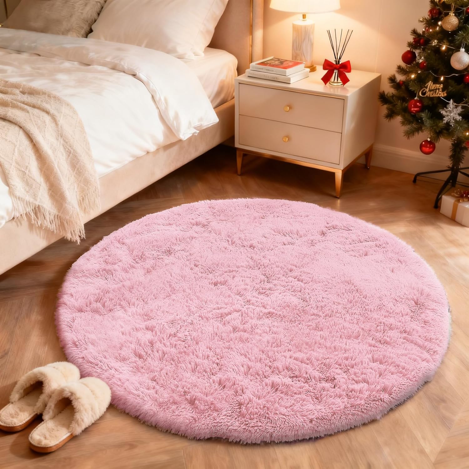 OLANLY Pink Round Rugs for Bedroom - Machine Washable, 4 ft Circle Area Rugs for...
