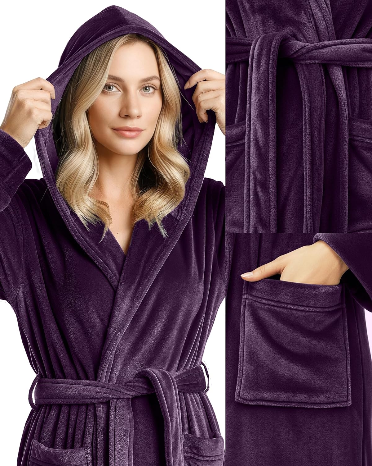 NY Threads Women's Fleece Hooded Bathrobe Plush Long Spa Robe, Medium X-Large Pl...