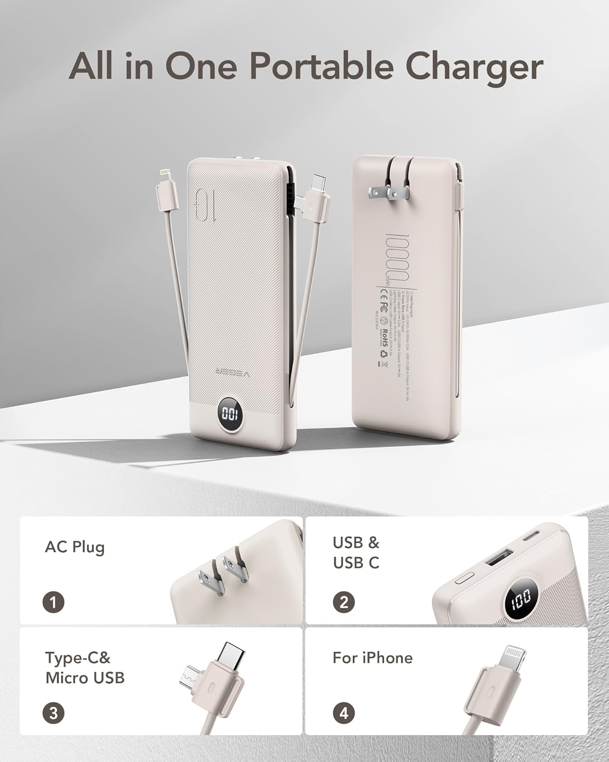 VEGER Portable Charger with Built-in AC Plug and Cables, All in One 10000mAh Ult...