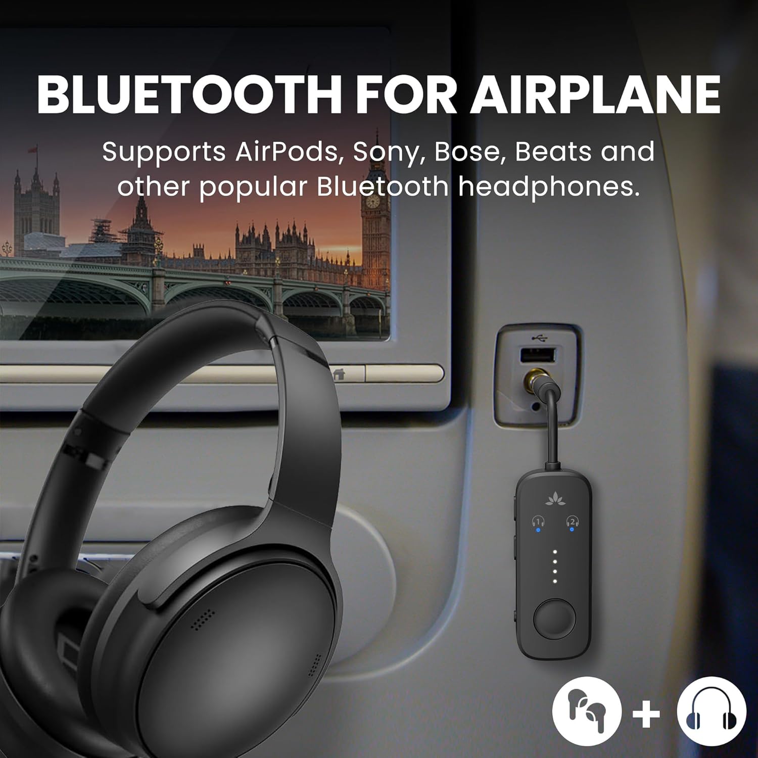 Avantree Relay - Airplane Bluetooth 5.3 Adapter with Qualcomm aptX Adaptive, Sup...