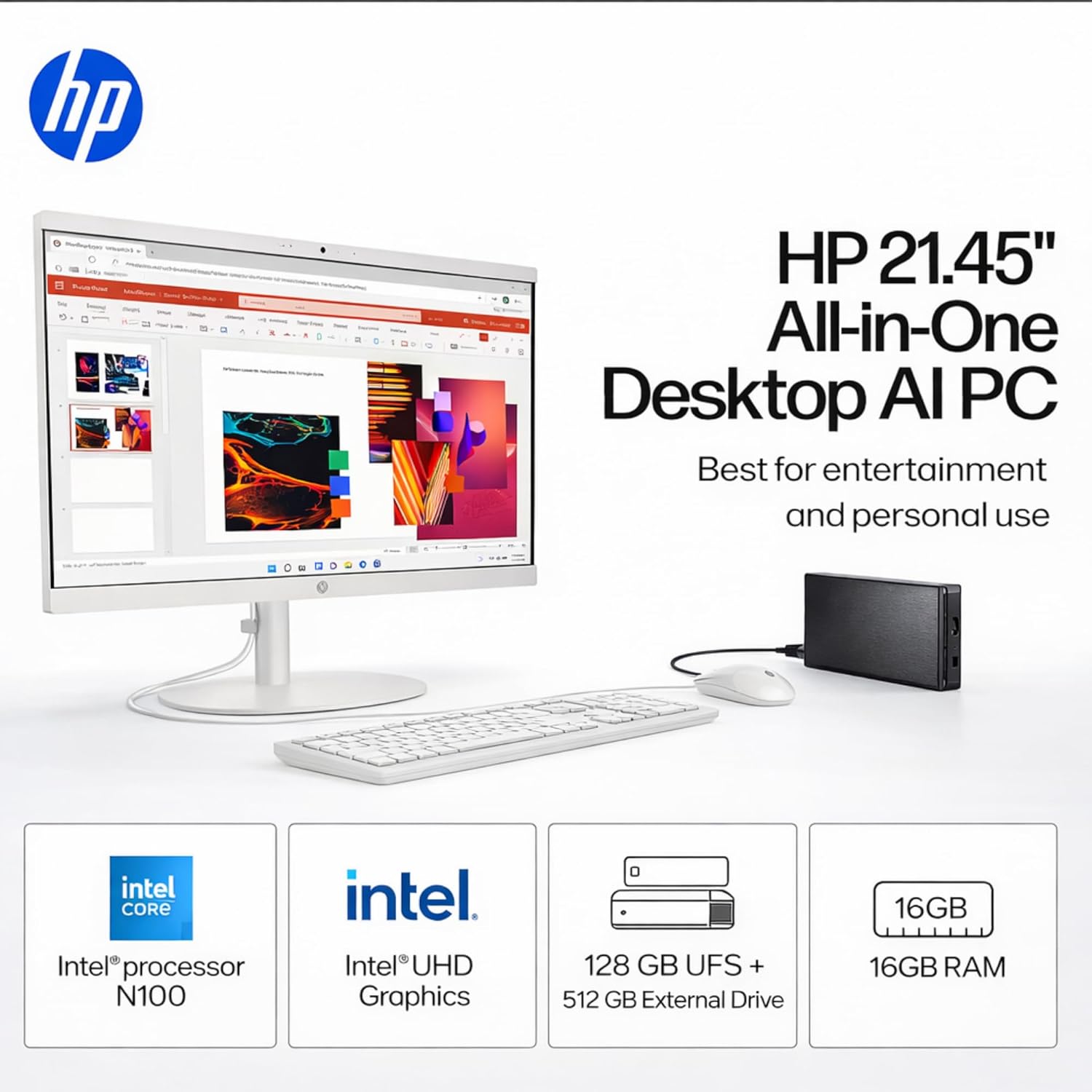 HP 22" FHD All-in-One Desktop Computer • 16GB DDR5 RAM • 512GB External and 128G...