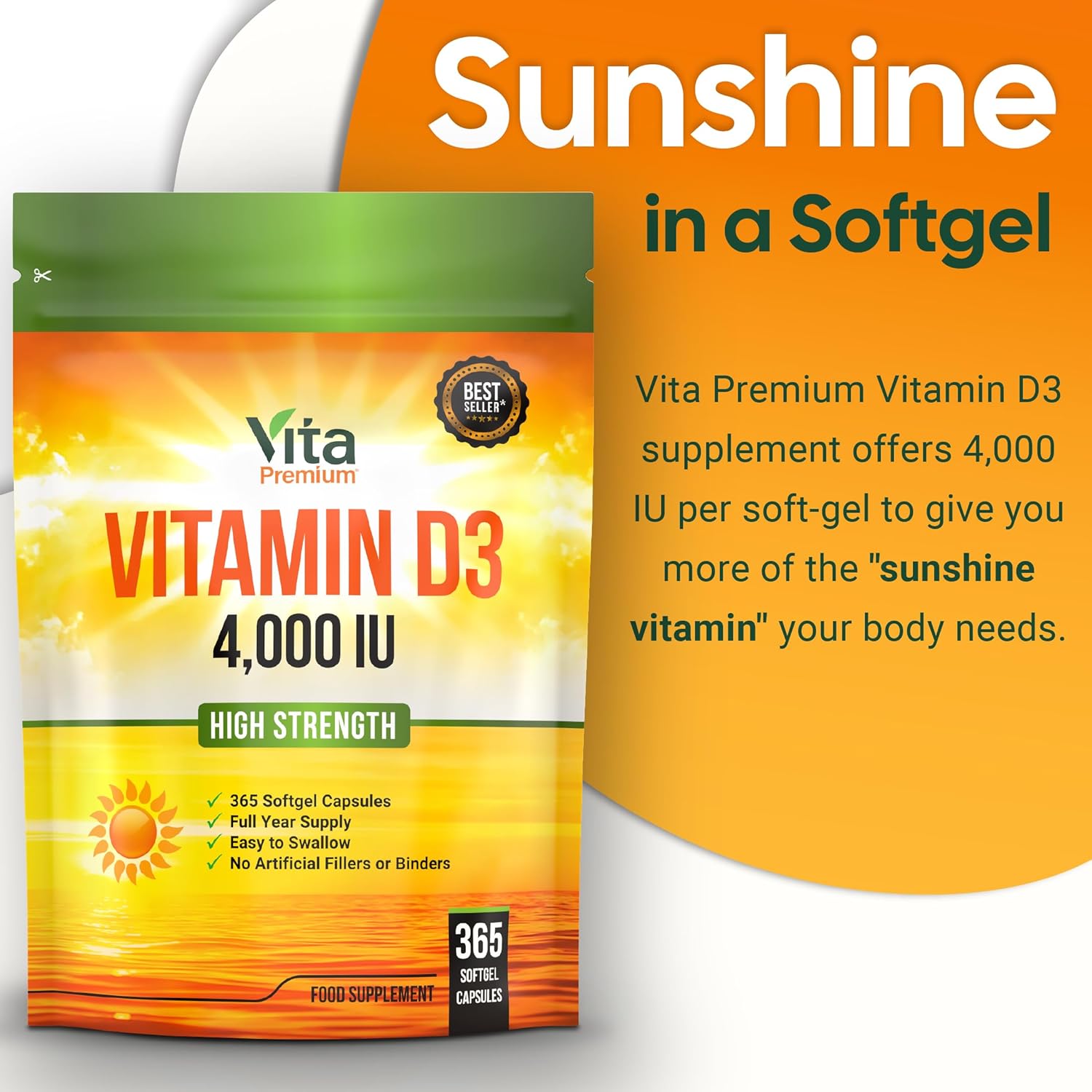 Vitamin D 4,000 IU Softgels, Maximum Strength Vitamin D3 Supplement, 365 Easy to...