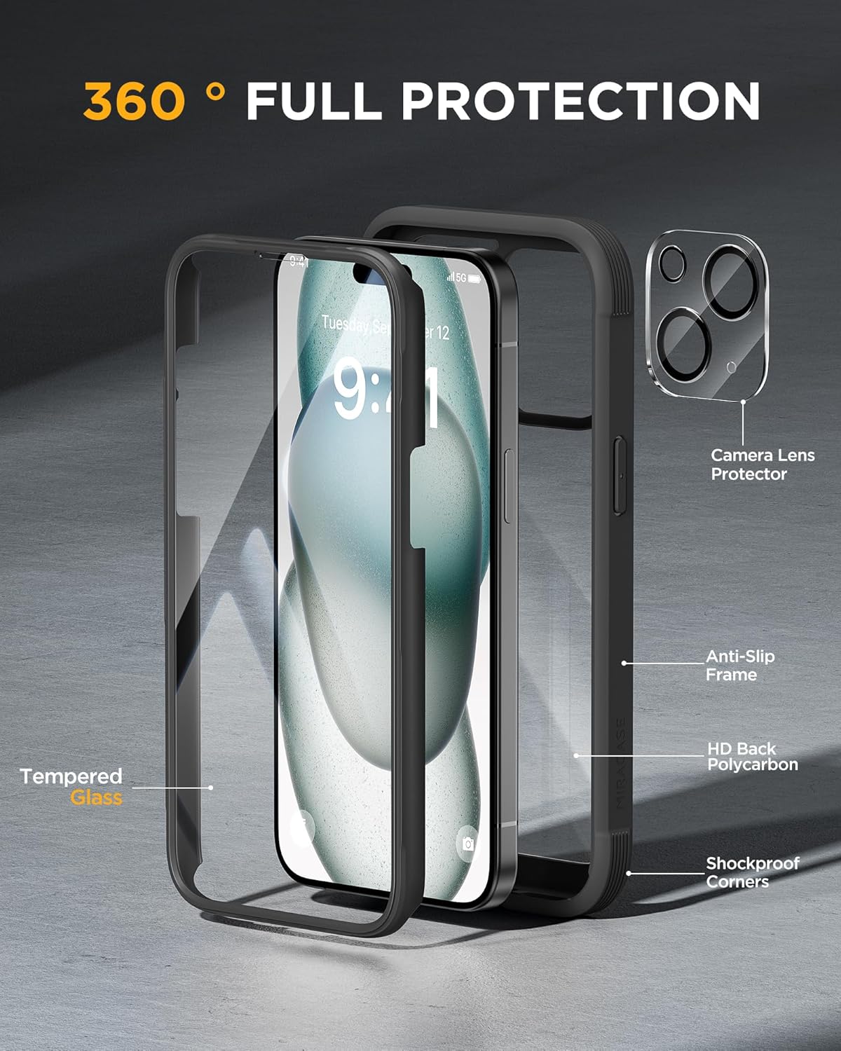 Miracase Glass Case for iPhone 15 Case 6.1-Inch, Full Body Bumper Clear Back Cov...