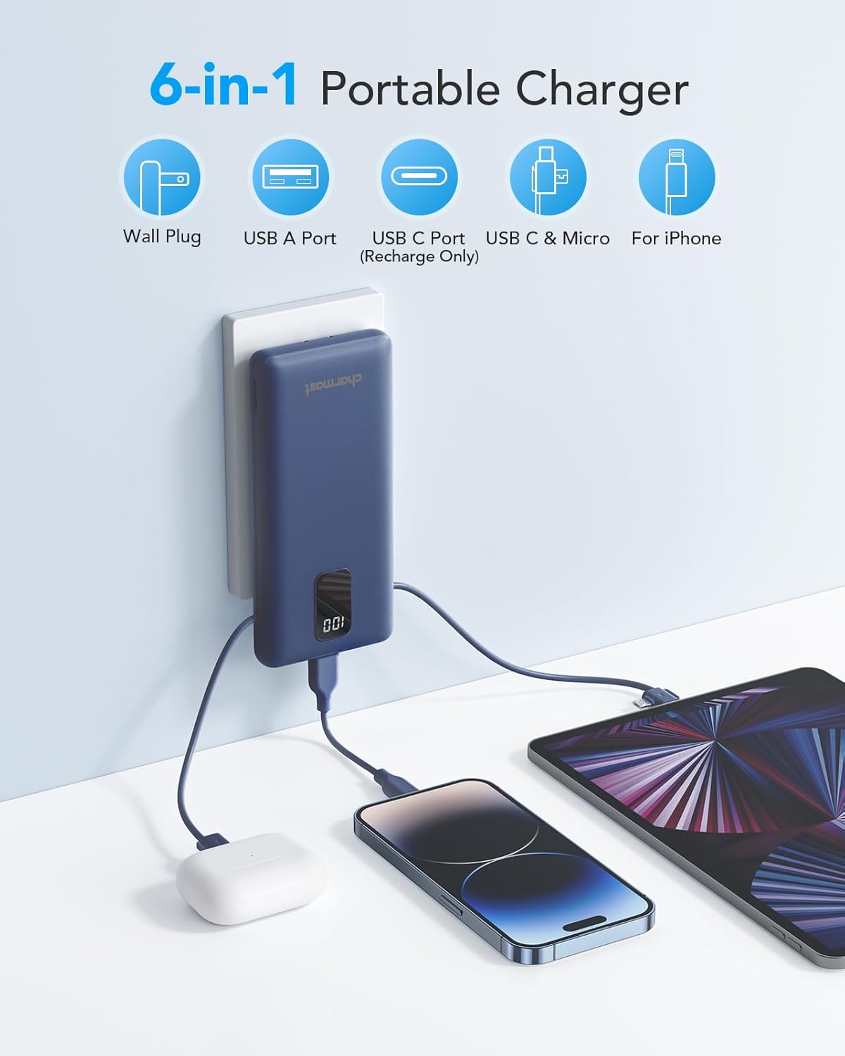 charmast Portable Charger with Built-in Cables and Plug, 10000mAh USB C Power Ba...