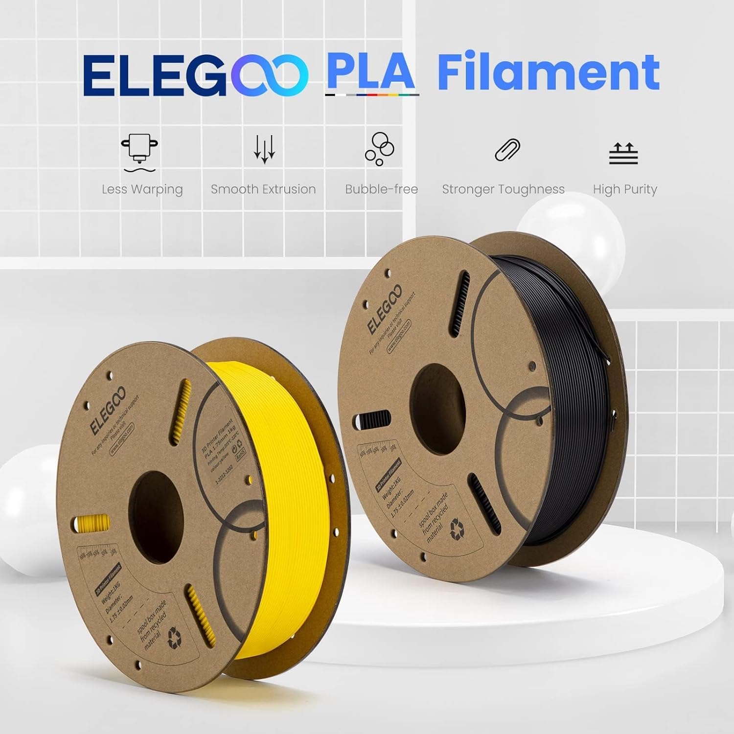 ELEGOO PLA Filament 1.75mm Black 4KG, 3D Printer Filament Bulk Dimensional Accur...