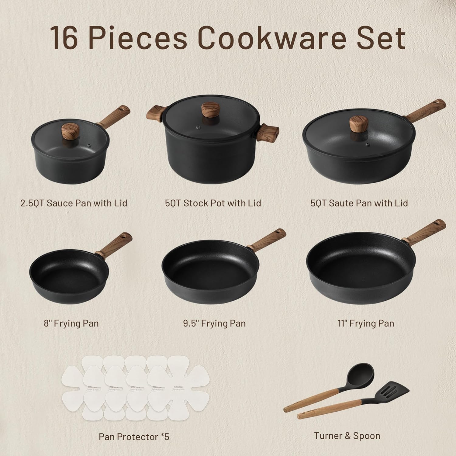 CAROTE Nonstick Pots and Pans, Induction Titanium Cookware Set 16pcs Kitchen Coo...