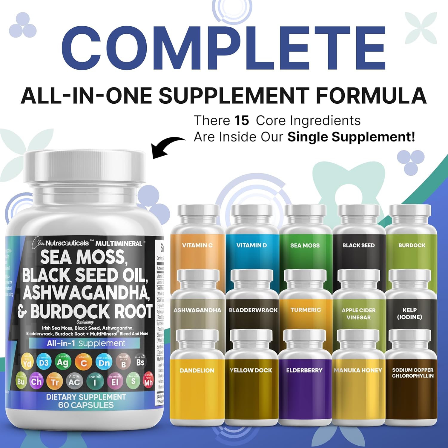 Clean Nutraceuticals Sea Moss Black Seed Oil Ashwagandha Turmeric Bladderwrack B...