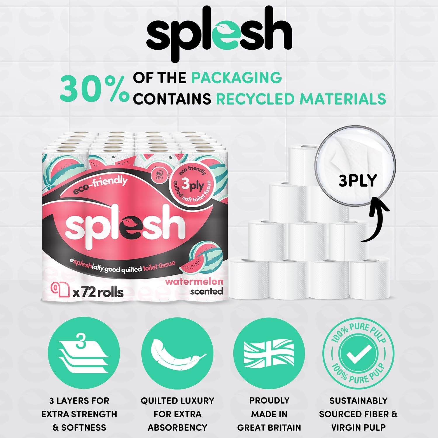 Splesh by Cusheen Toilet Roll 72 Rolls - Watermelon Scent Bulk Family Pack | Sof...