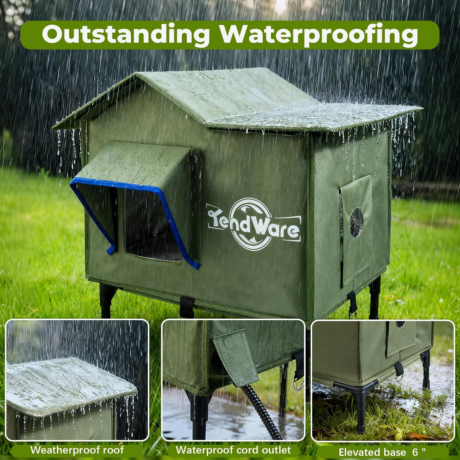 TENDWARE Outdoor Cat House Heated Cat House for Outside with Elevated Base Cat-A...