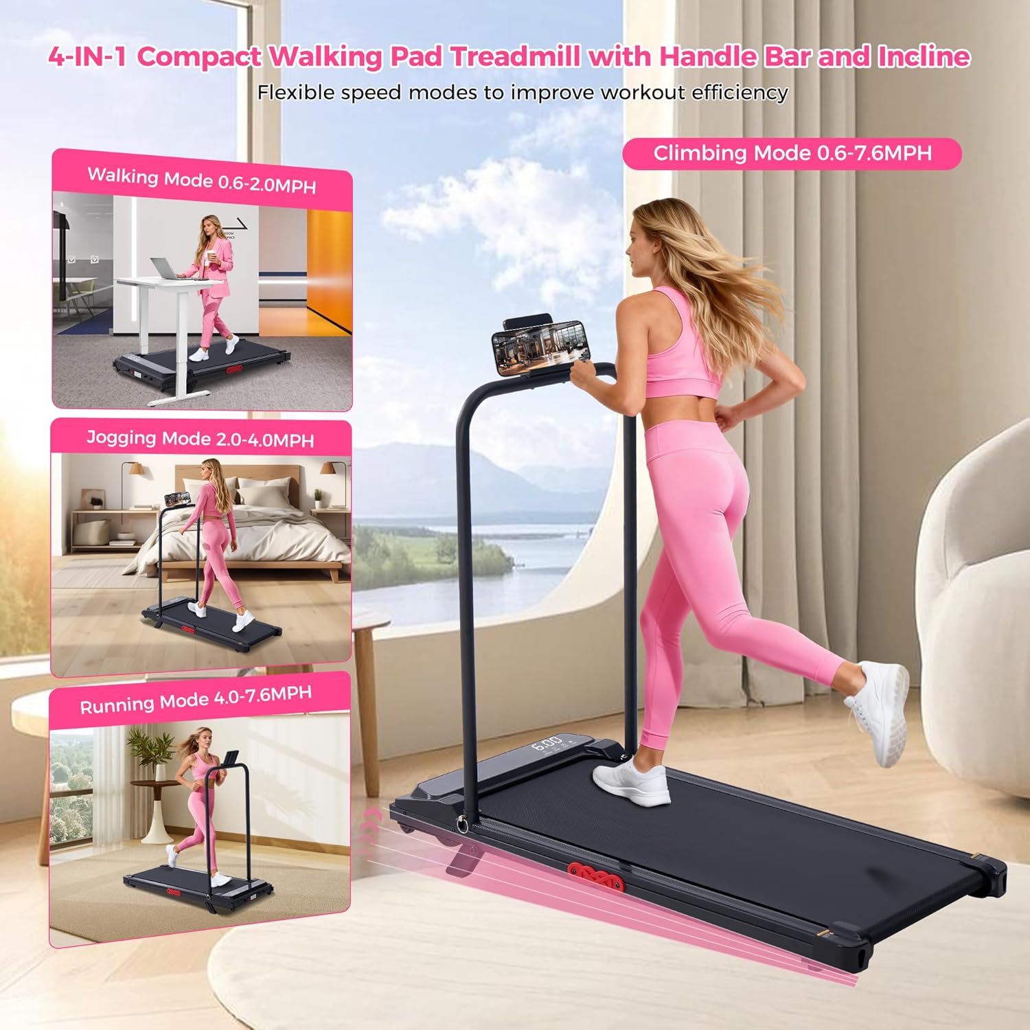 Walking Pad with Handle Bar and Incline, 3.0HP Electric Portable Small Treadmill...