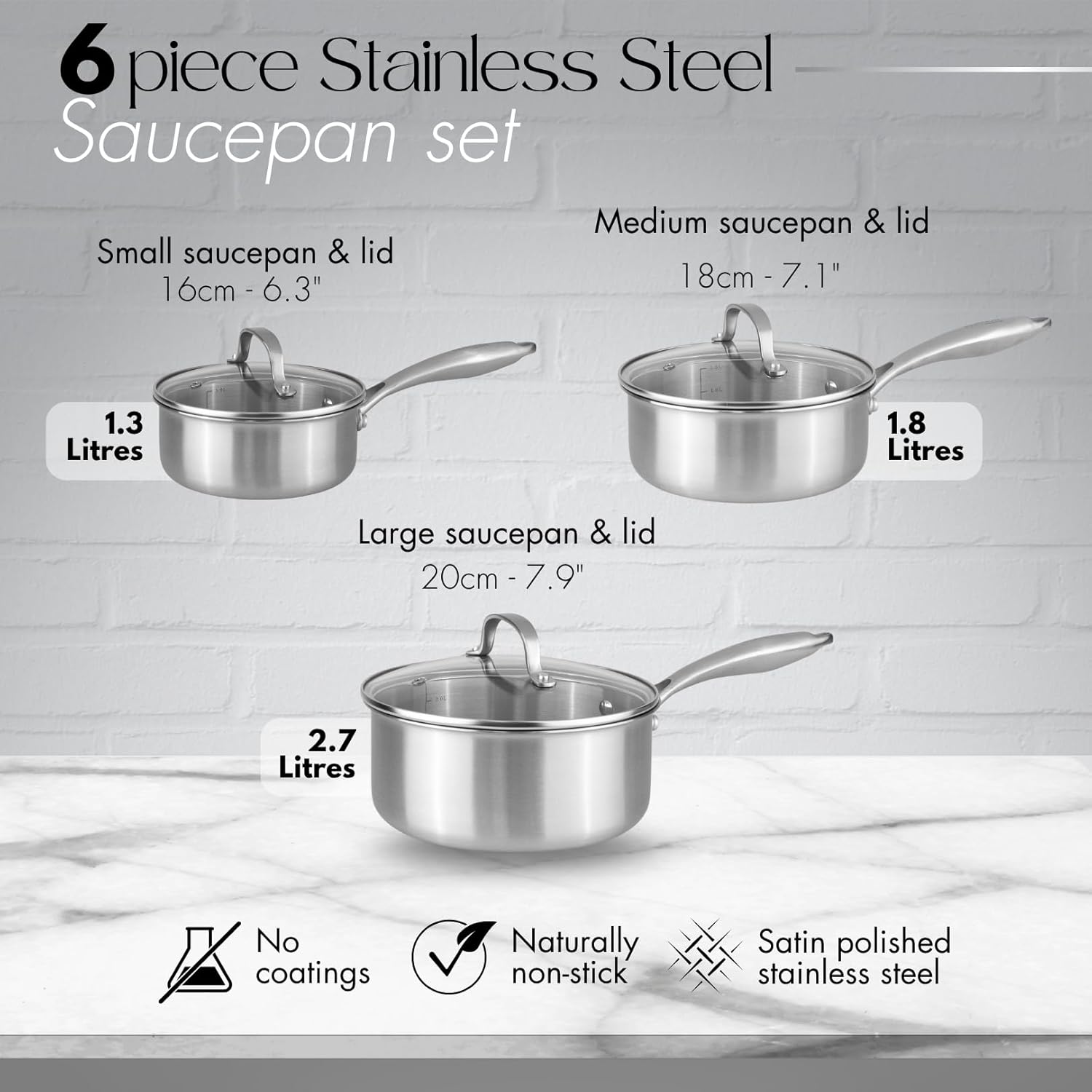 Stainless Steel Saucepan Set, Non Stick Cooking Pots, Special Tri-Ply Stainless...