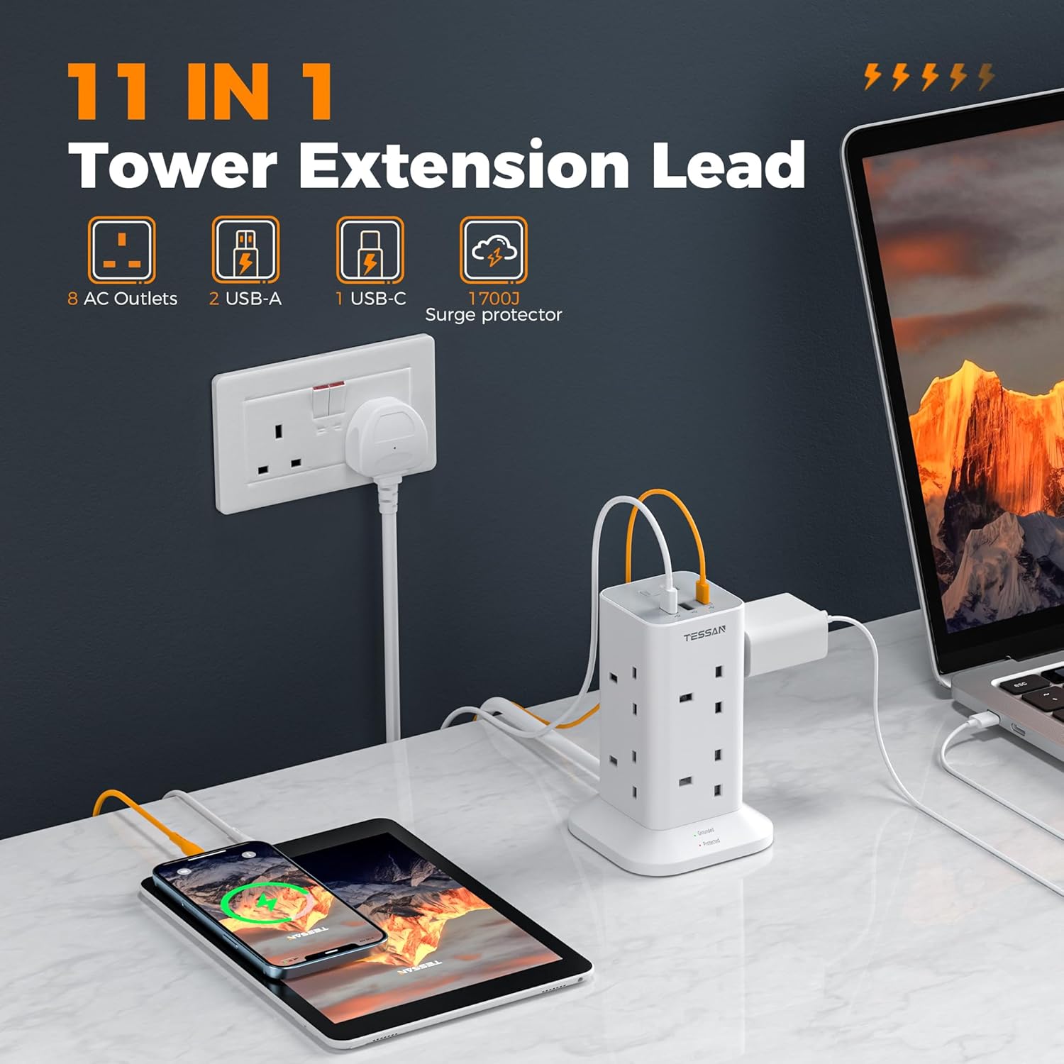 Tower Extension Lead 10M with USB C Slots, TESSAN 8 Way Multi Plug Extension Soc...