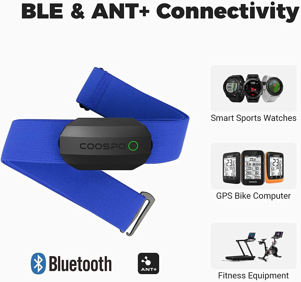 COOSPO Heart Rate Monitor Chest Strap,Bluetooth ANT+ Chest HRM for Running Cycli...