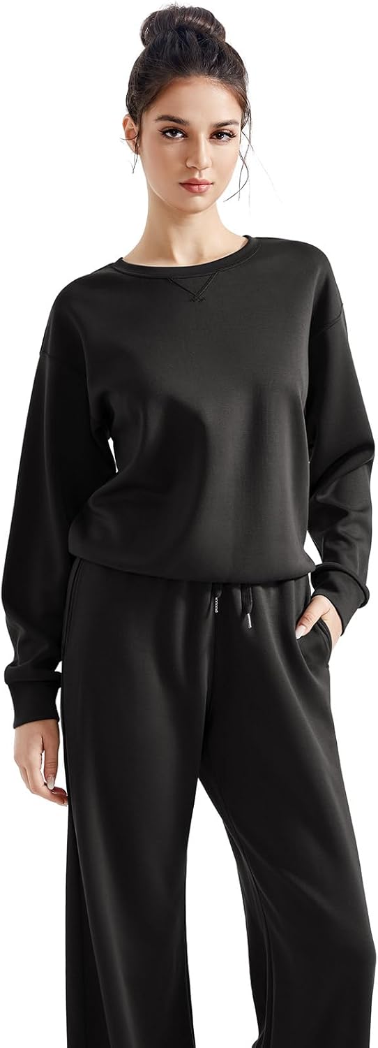 SUUKSESS Women Modal Fall 2 piece outfits Oversized Sweatshirt Wide Leg Pants Bl...