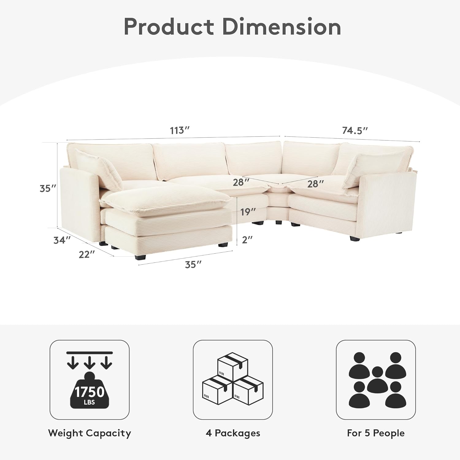 High-Quality ROWHY Modular Sectional Cloud Couch, Premium 5 Seater Corner Sofa,...