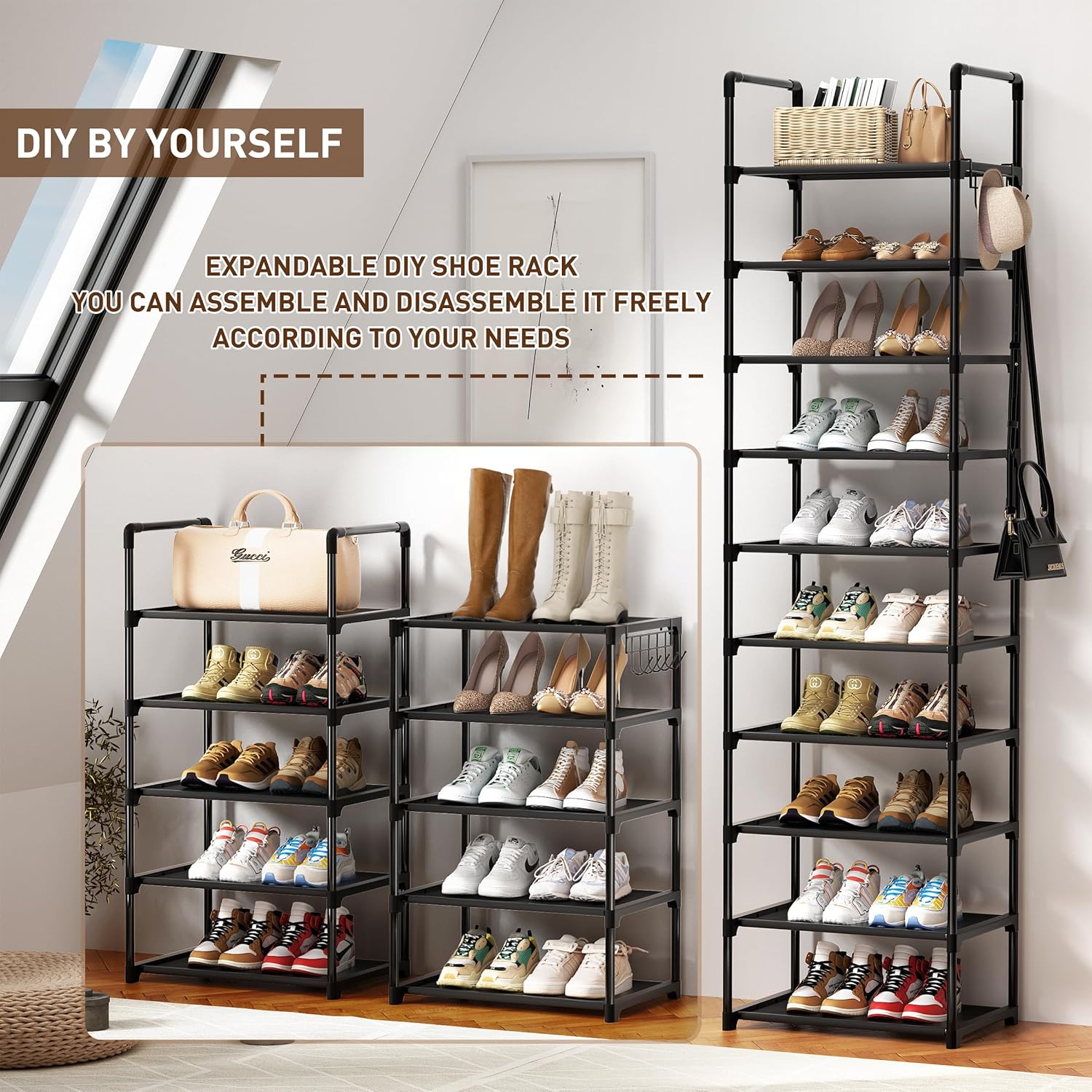 Shoe Rack, 10 Tier Shoe Storage Organizer with Hooks,Fit 20-25 Pairs Shoes,Metal...