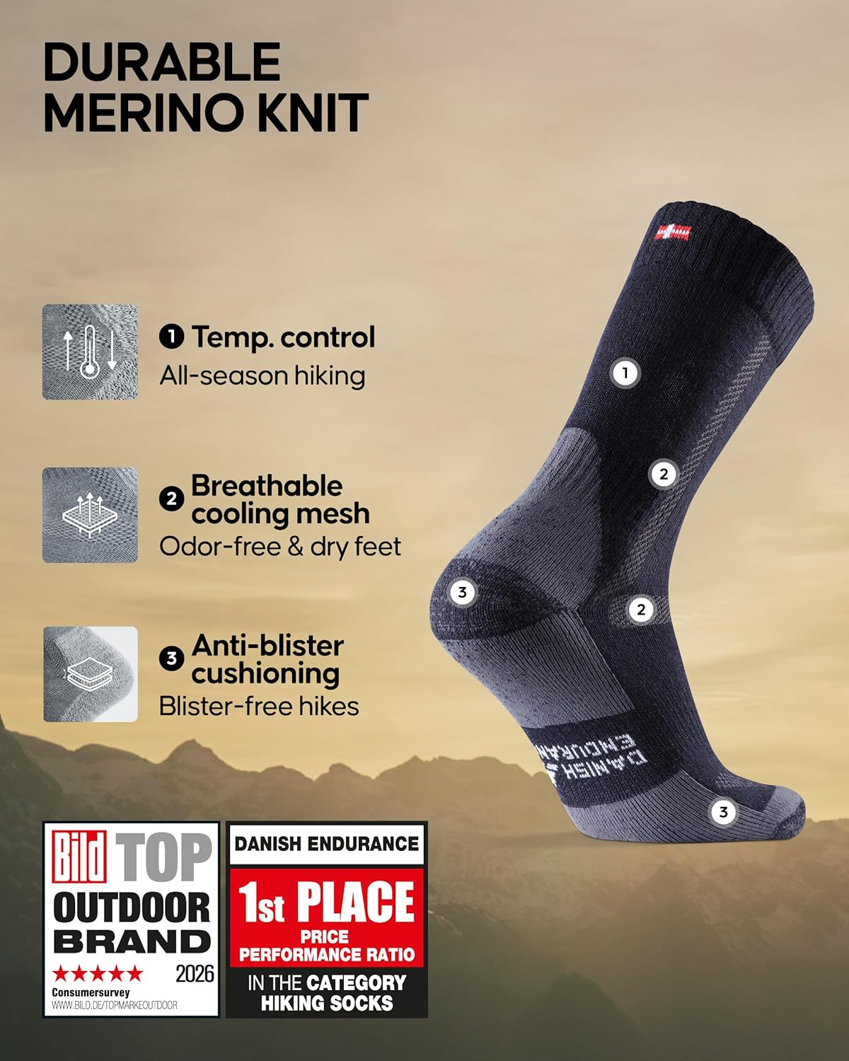 DANISH ENDURANCE Hiking Socks, Warm Merino Wool Walking Socks with Thick Anti Bl...