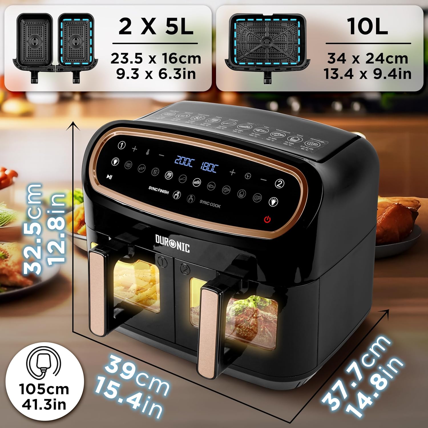 Duronic XXL Air Fryer AF34 BG 10L Digital Family Size Air Fryers Oil Free Triple...