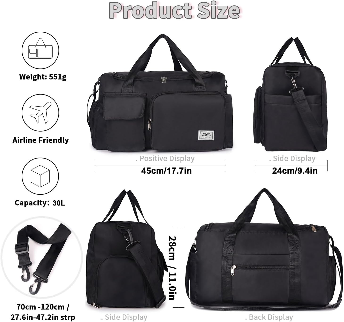 FIORETTO Womens Mens Sports Gym Bag Duffle Bag with Shoes Compartment, Weekend T...