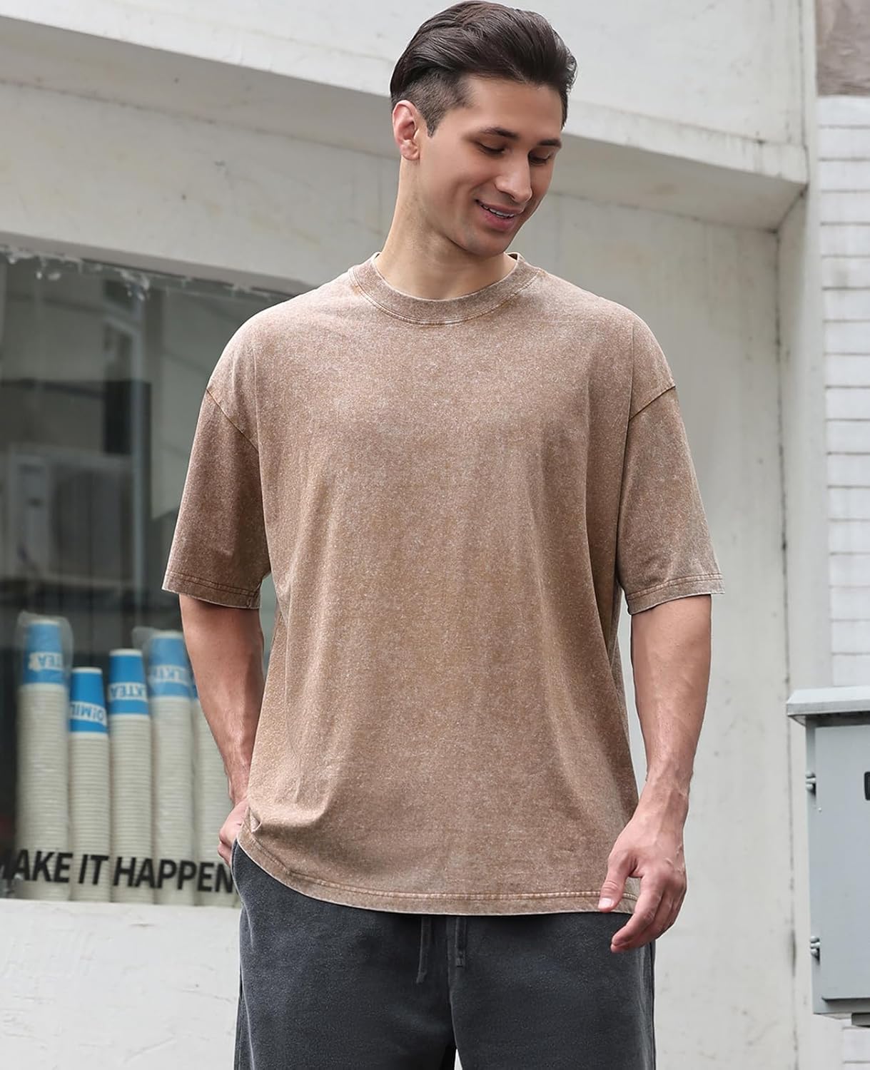 Men's Cotton T-Shirts Oversized Unisex Short Sleeves Casual Loose Wash Solid Bas...