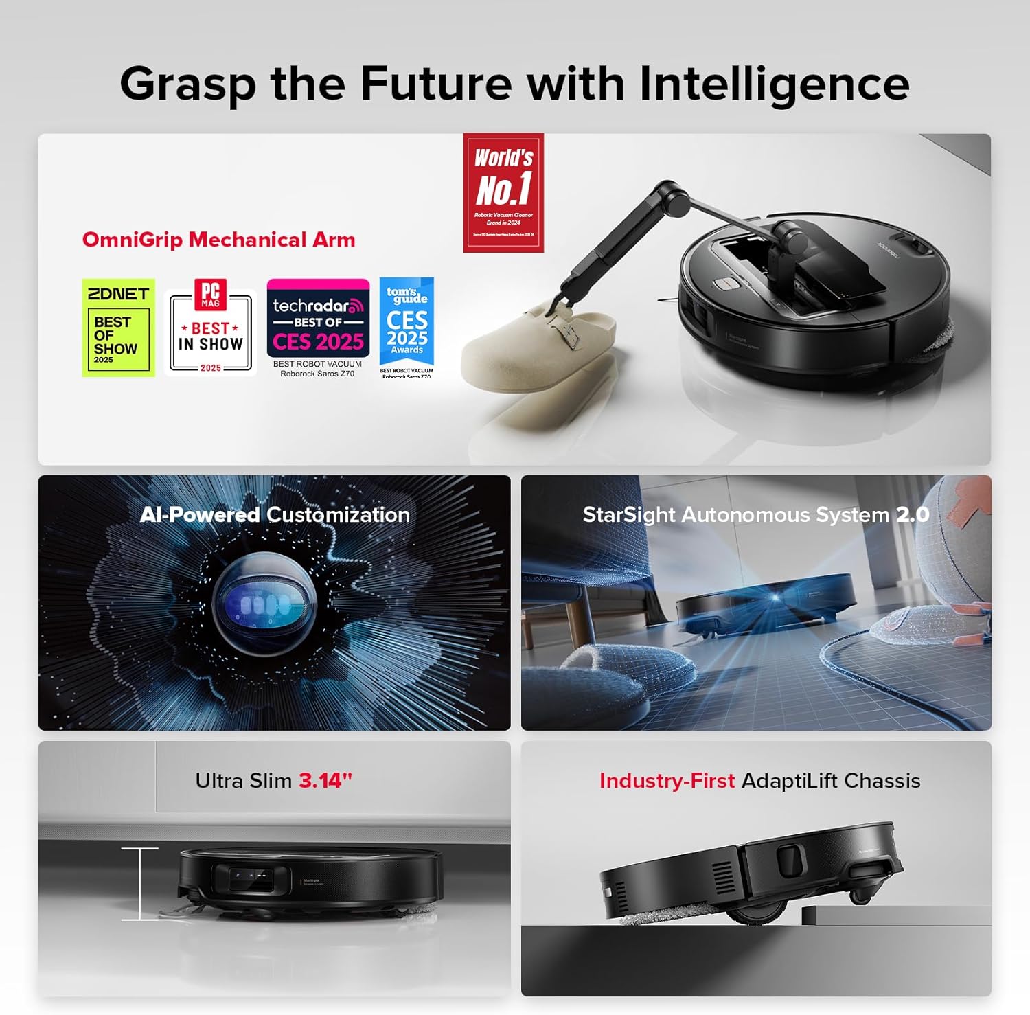 roborock Saros Z70 Robot Vacuum and Mop, OmniGrip Arm, AI-Powered, 22,000Pa Suct...