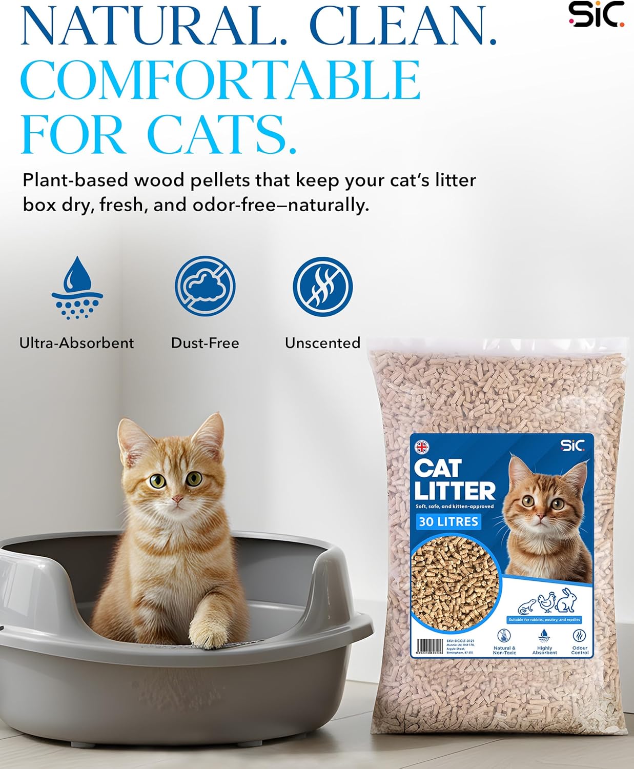 SIC Cat Litter 30L – Biodegradable Wood Pellet Cat Litter, Dust-Free & Unscented...