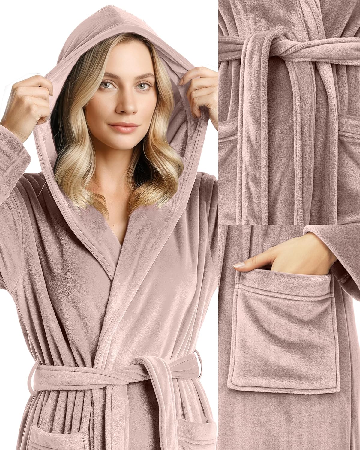NY Threads Women's Fleece Hooded Bathrobe Plush Long Spa Robe, Medium Large Taup...