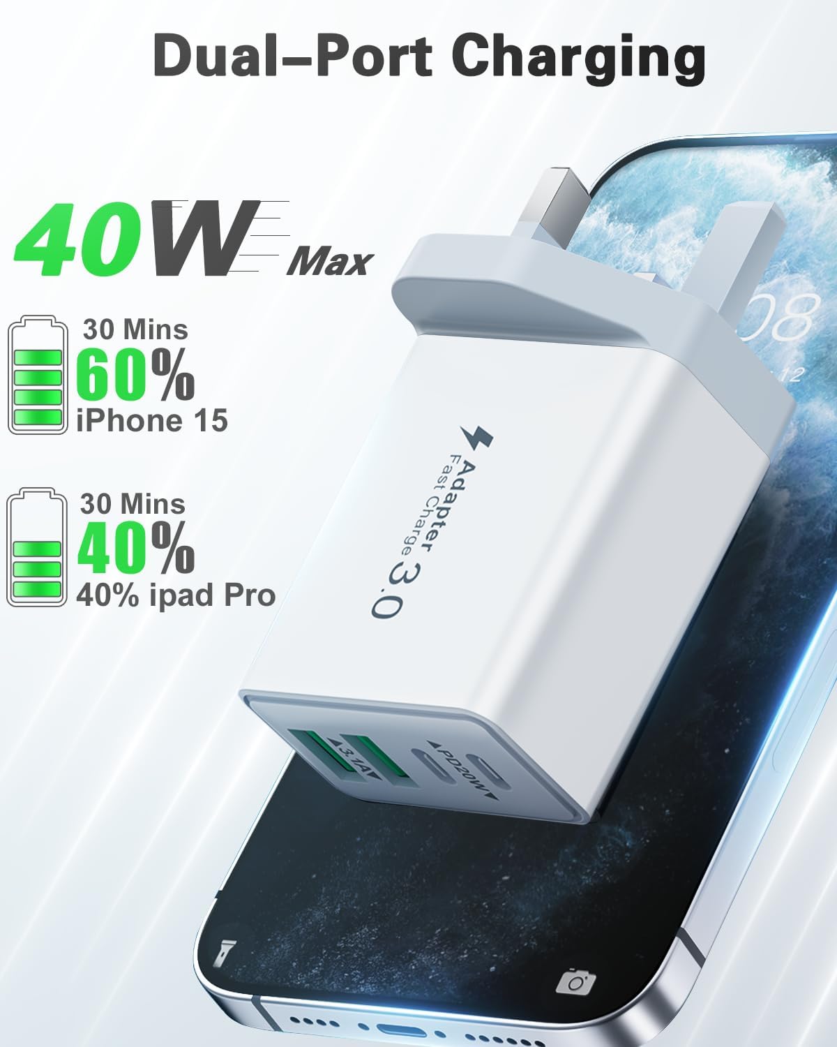 USB C Plug Fast Charge, 40W Multi USB Plug Fast Charger UK Charging Plug for iPh...