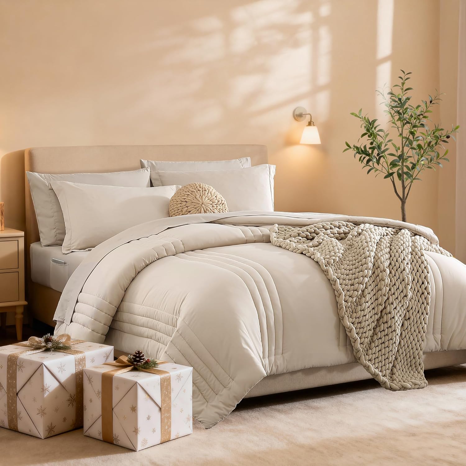 Monbix Queen Comforter Set - 7 Pieces Beige Bed in...