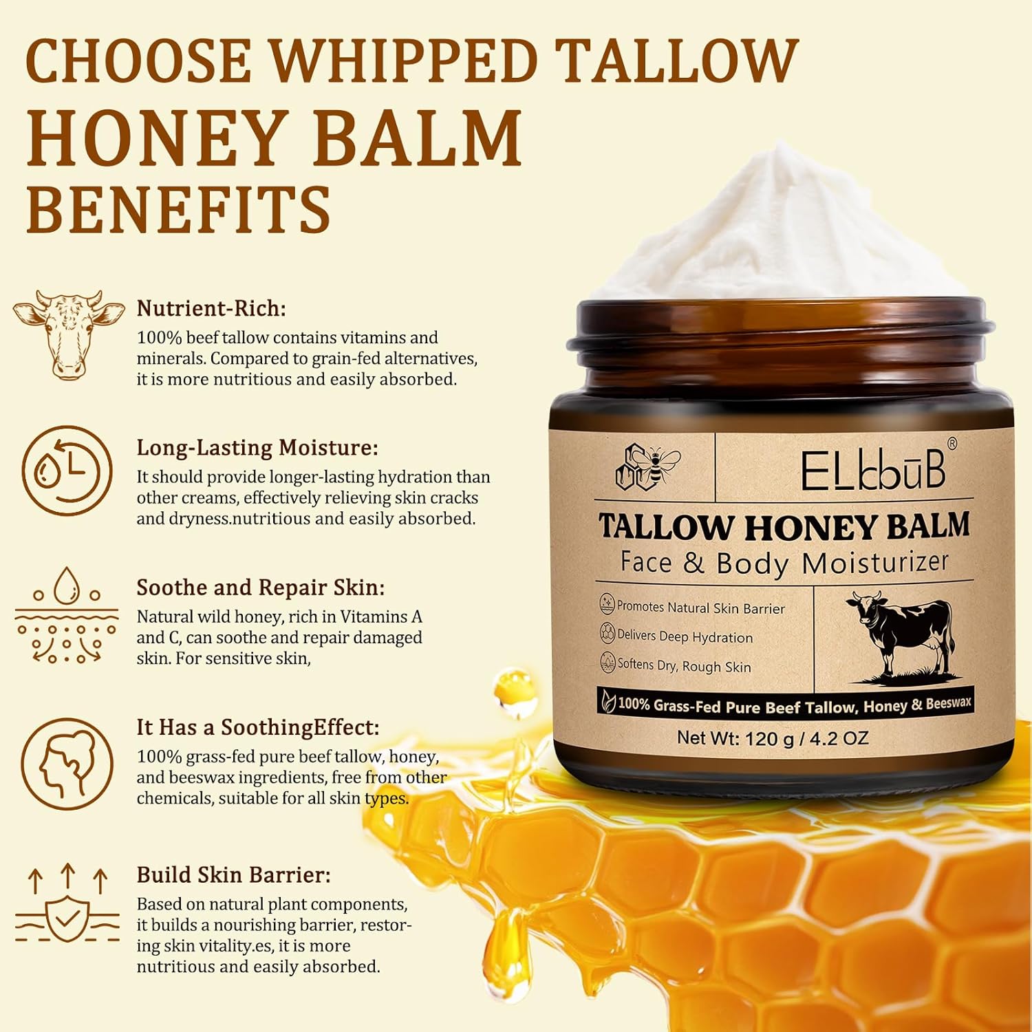 Whipped Tallow Cream for Face & Body - 100% Grass-Fed Beef Tallow, Natural Honey...