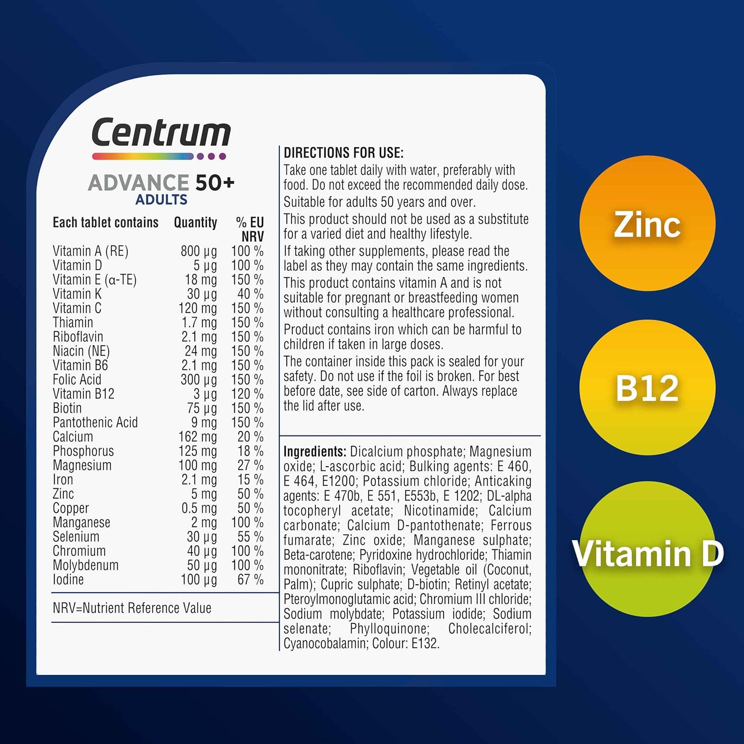 Centrum Advance 50+ Tablets Multivitamin & Mineral Supplements, with 24 essentia...